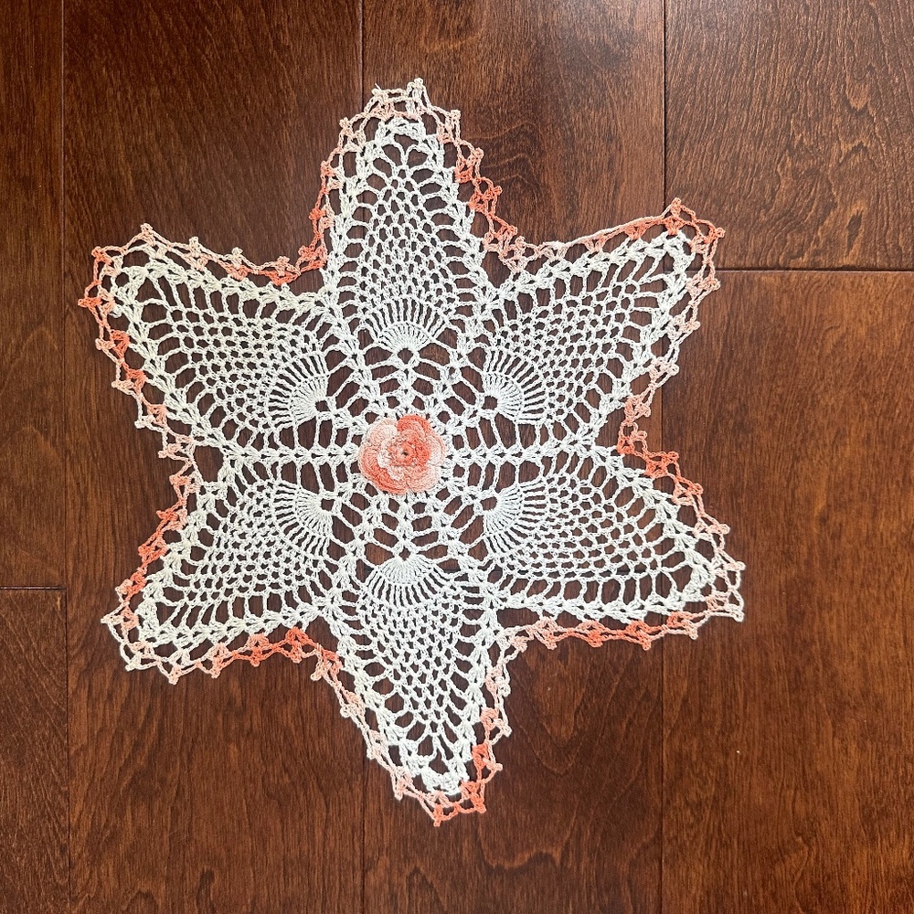 Vintage Handcrafted Star Crochet Doily – Peach/Orange & Cream – Like New
